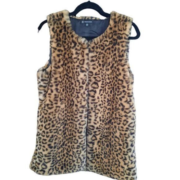 Inc Faux Fur Long Vest Women's Animal Print Leopard Tan Black - Picture 2 of 12